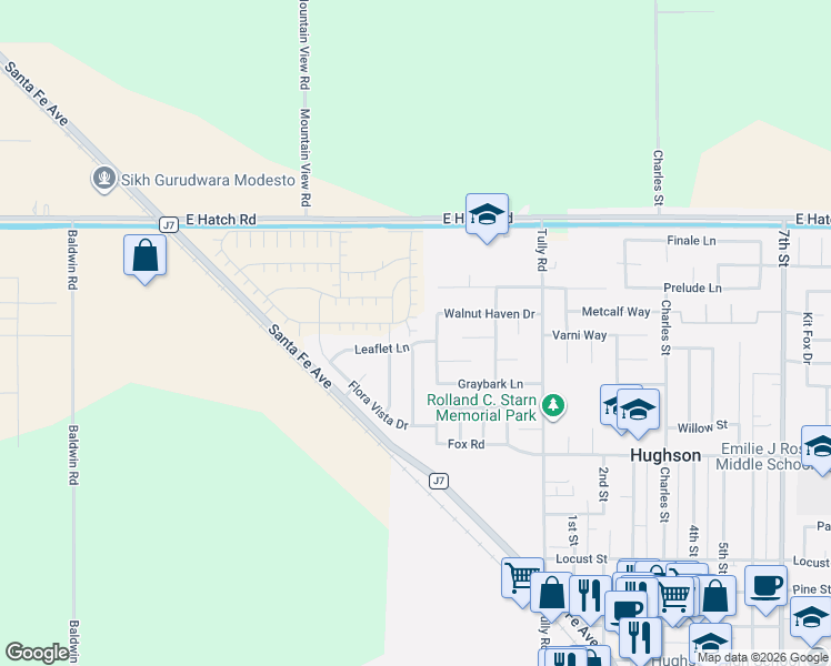 map of restaurants, bars, coffee shops, grocery stores, and more near 6501 Walnut Haven Drive in Hughson