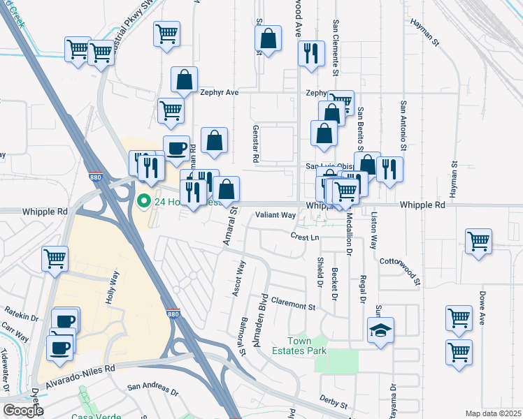 map of restaurants, bars, coffee shops, grocery stores, and more near 31353 Huntwood Avenue in Hayward