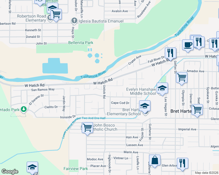 map of restaurants, bars, coffee shops, grocery stores, and more near 1321 Conrad Way in Modesto