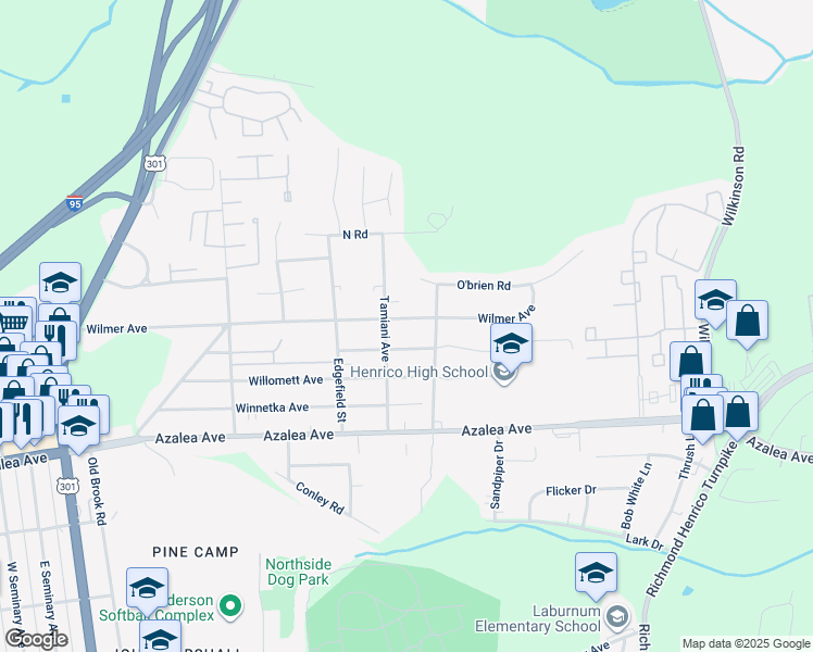 map of restaurants, bars, coffee shops, grocery stores, and more near 411 Wilmer Avenue in Richmond