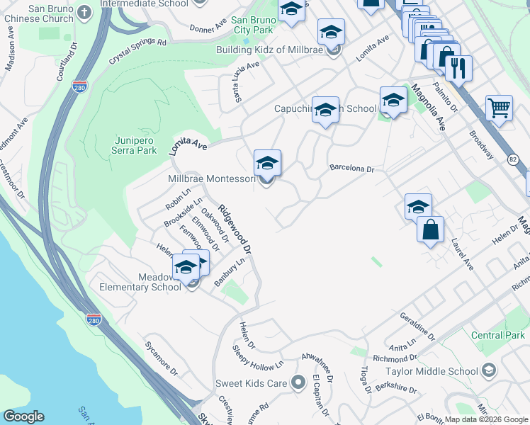 map of restaurants, bars, coffee shops, grocery stores, and more near 25 Bertocchi Lane in Millbrae