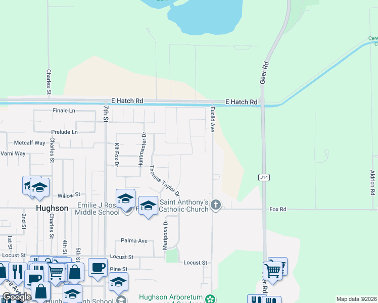 map of restaurants, bars, coffee shops, grocery stores, and more near 1625 Euclid Avenue in Hughson