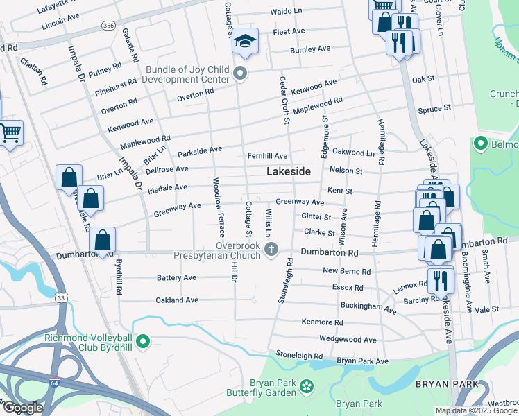 map of restaurants, bars, coffee shops, grocery stores, and more near 2614 Greenway Avenue in Richmond