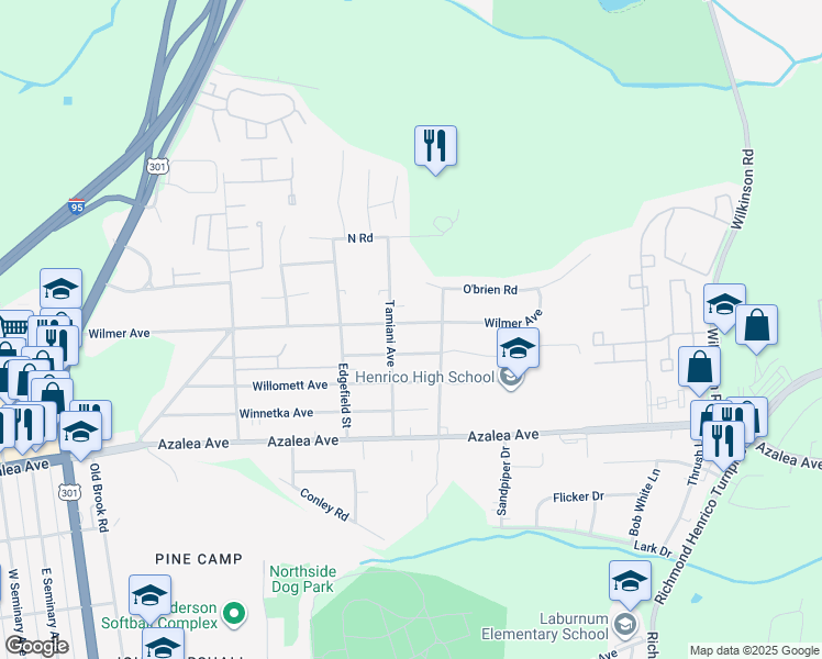 map of restaurants, bars, coffee shops, grocery stores, and more near 411 Wilmer Avenue in Richmond