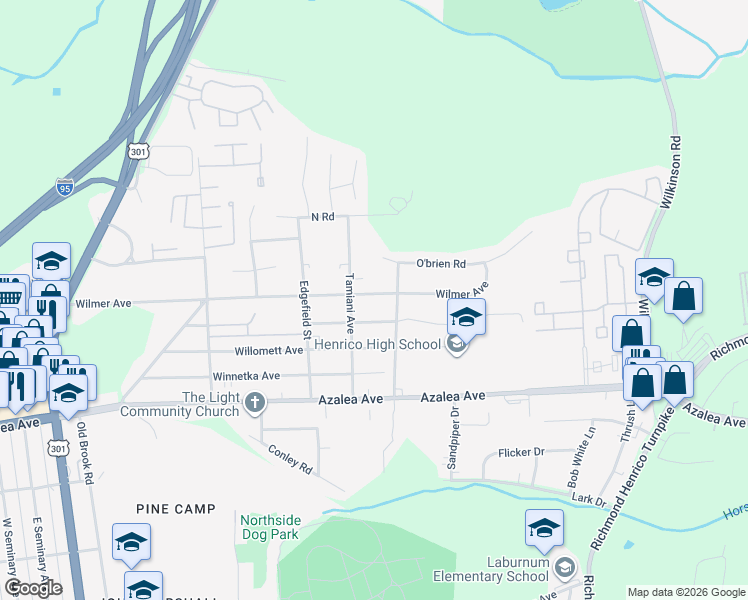 map of restaurants, bars, coffee shops, grocery stores, and more near 409 Wilmer Avenue in Richmond