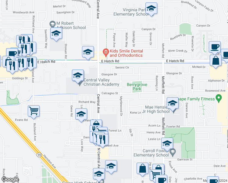 map of restaurants, bars, coffee shops, grocery stores, and more near 2221 Calcagno Street in Ceres