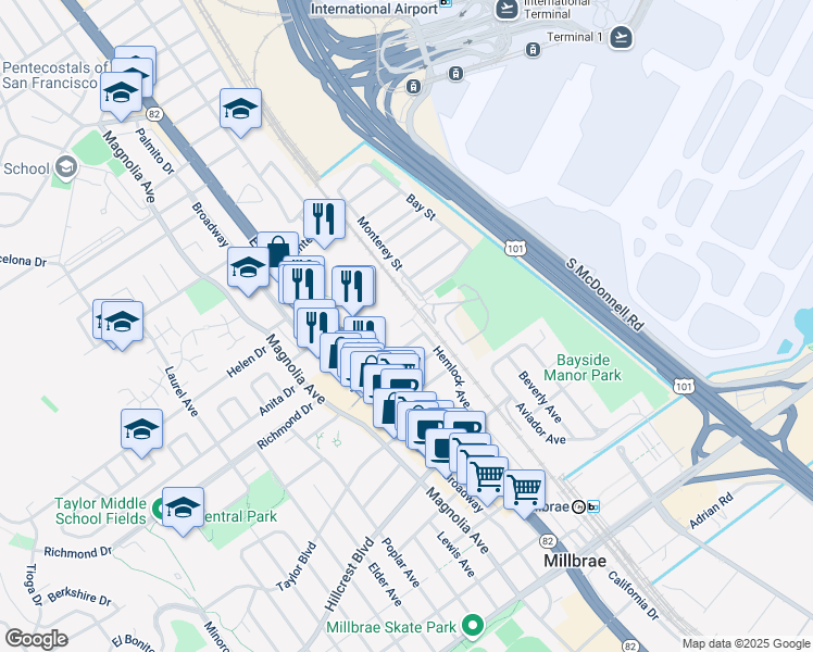 map of restaurants, bars, coffee shops, grocery stores, and more near 1007 Hemlock Avenue in Millbrae