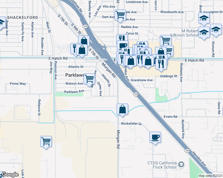 map of restaurants, bars, coffee shops, grocery stores, and more near 1644 Atlantic Drive in Modesto