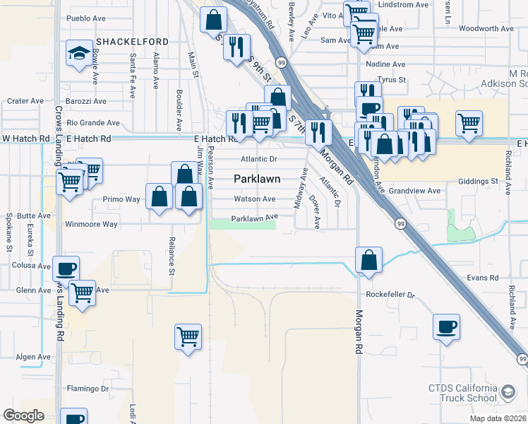 map of restaurants, bars, coffee shops, grocery stores, and more near 904 Watson Avenue in Modesto