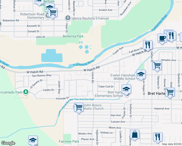 map of restaurants, bars, coffee shops, grocery stores, and more near 1511 West Hatch Road in Modesto