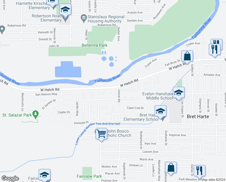 map of restaurants, bars, coffee shops, grocery stores, and more near 1511 West Hatch Road in Modesto
