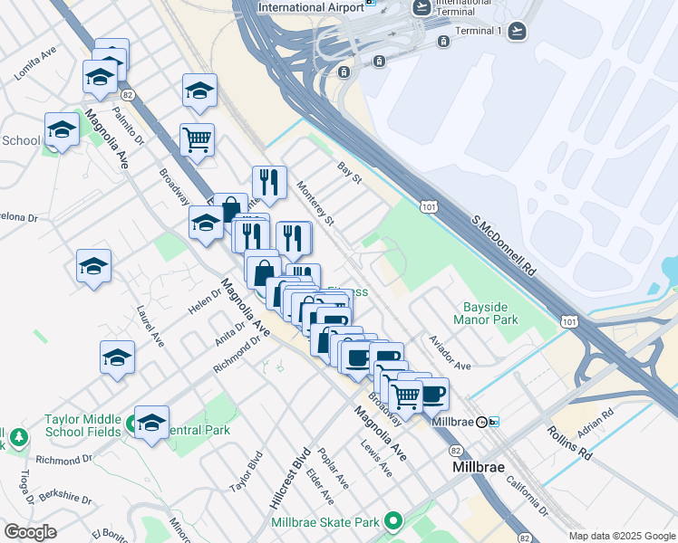 map of restaurants, bars, coffee shops, grocery stores, and more near 1009 Hemlock Avenue in Millbrae