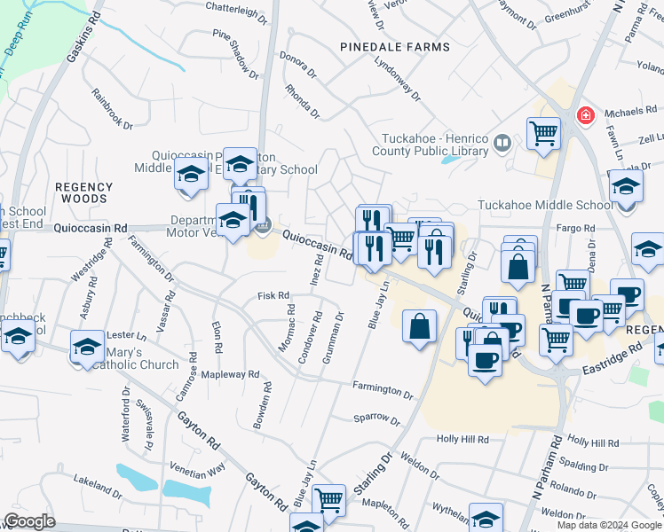 map of restaurants, bars, coffee shops, grocery stores, and more near 254 Camelot Circle in Henrico