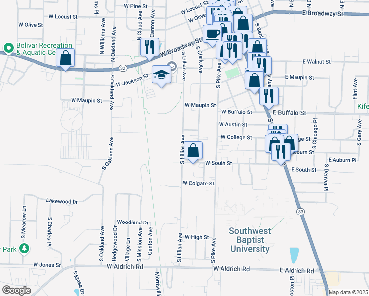 map of restaurants, bars, coffee shops, grocery stores, and more near 801-905 South Lillian Avenue in Bolivar