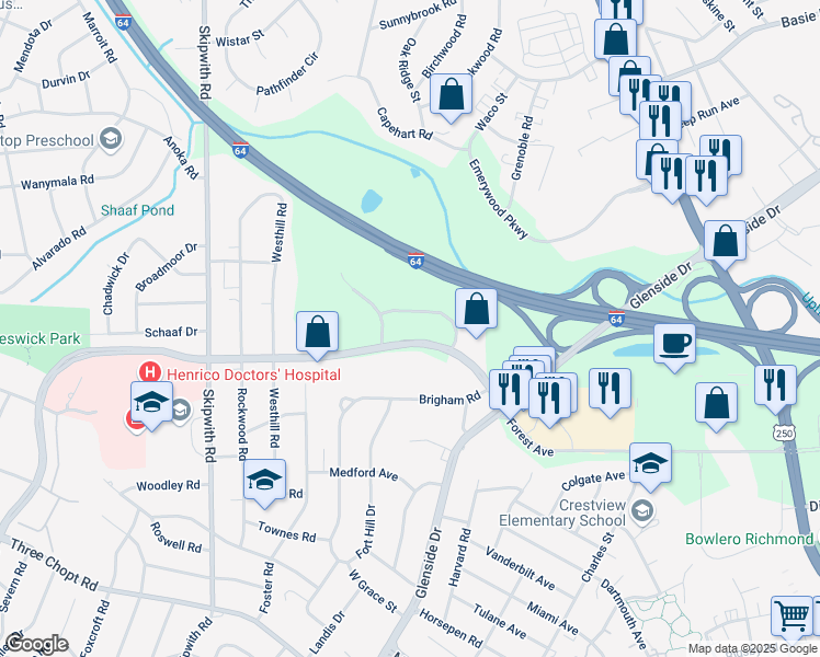 map of restaurants, bars, coffee shops, grocery stores, and more near 7275 Glen Forest Drive in Richmond