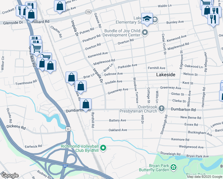 map of restaurants, bars, coffee shops, grocery stores, and more near 2901 Irisdale Avenue in Richmond