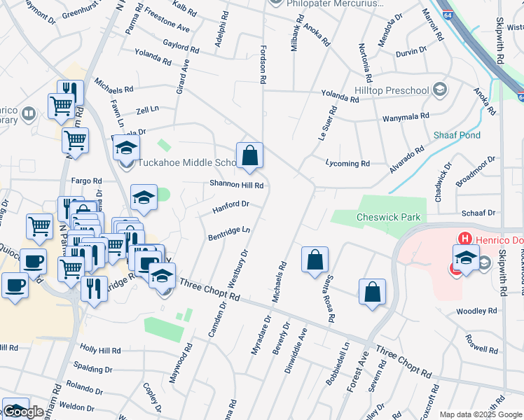 map of restaurants, bars, coffee shops, grocery stores, and more near 1613 Westbury Drive in Henrico