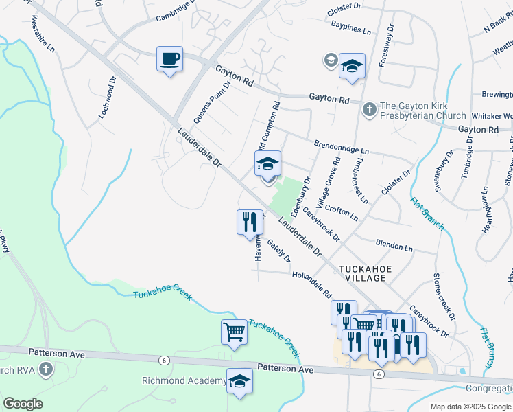 map of restaurants, bars, coffee shops, grocery stores, and more near 1802 Lauderdale Drive in Henrico