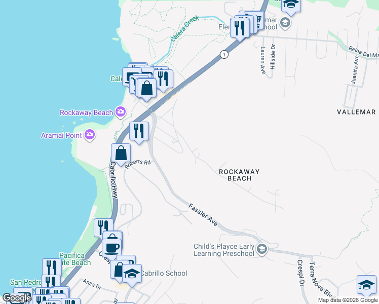 map of restaurants, bars, coffee shops, grocery stores, and more near 530 Rockaway Beach Avenue in Pacifica