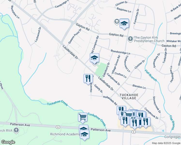 map of restaurants, bars, coffee shops, grocery stores, and more near 1802 Lauderdale Drive in Henrico