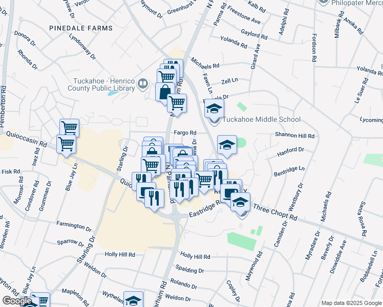 map of restaurants, bars, coffee shops, grocery stores, and more near 1602 Dena Drive in Richmond