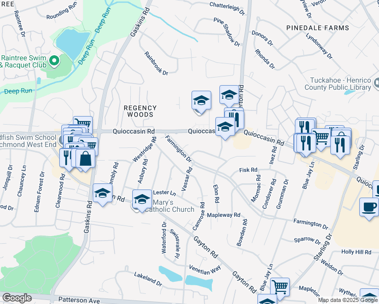 map of restaurants, bars, coffee shops, grocery stores, and more near 9400 Farmington Drive in Richmond