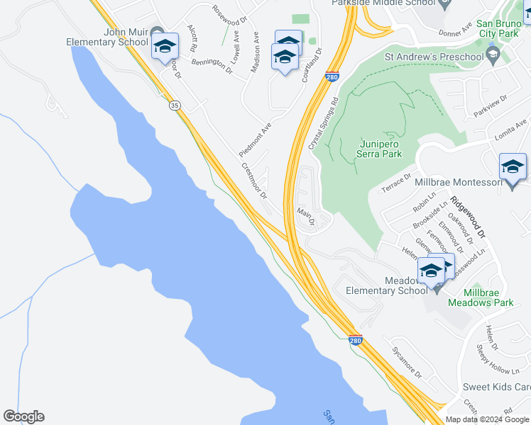 map of restaurants, bars, coffee shops, grocery stores, and more near 101 Darby Place in San Bruno