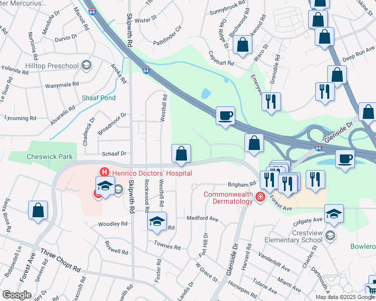 map of restaurants, bars, coffee shops, grocery stores, and more near 7350 Forest Avenue in Richmond