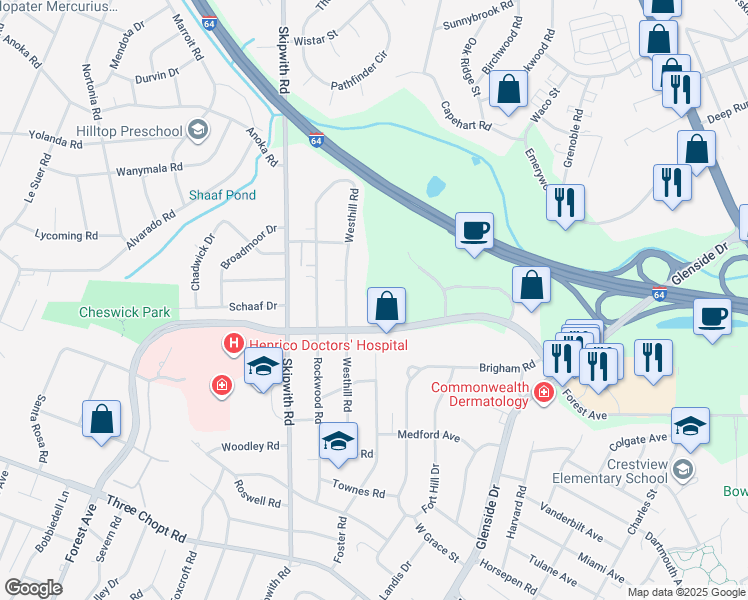map of restaurants, bars, coffee shops, grocery stores, and more near 7350 Forest Avenue in Richmond