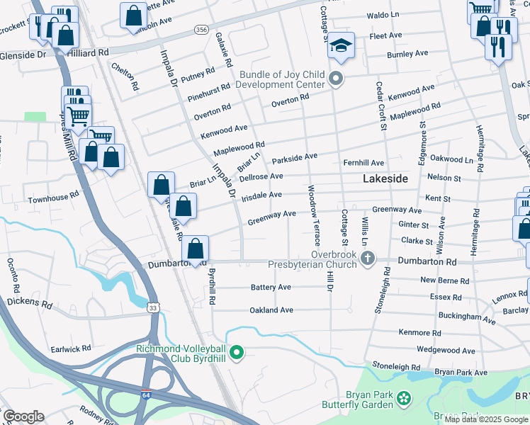 map of restaurants, bars, coffee shops, grocery stores, and more near 2902 Greenway Avenue in Richmond