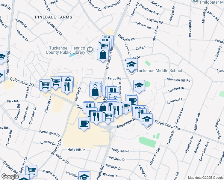 map of restaurants, bars, coffee shops, grocery stores, and more near 1602 Renmark Road in Henrico
