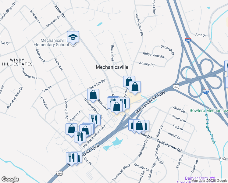 map of restaurants, bars, coffee shops, grocery stores, and more near 7324 Atlee Road in Mechanicsville