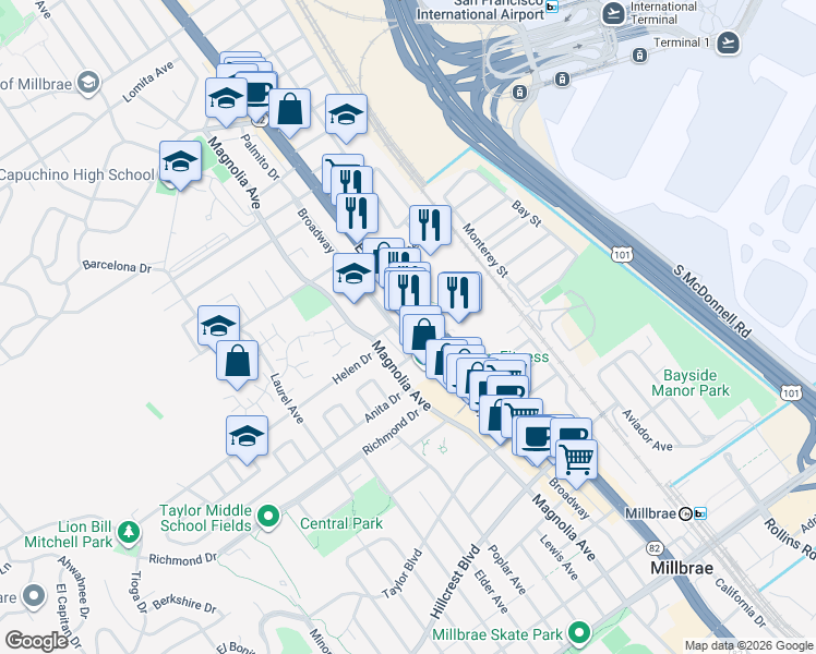 map of restaurants, bars, coffee shops, grocery stores, and more near 1101 El Camino Real in Millbrae