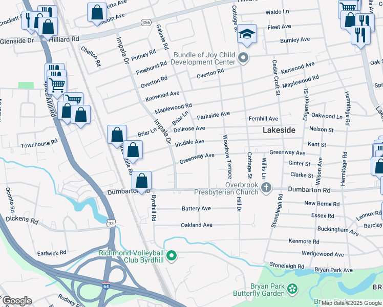 map of restaurants, bars, coffee shops, grocery stores, and more near 2902 Greenway Avenue in Richmond
