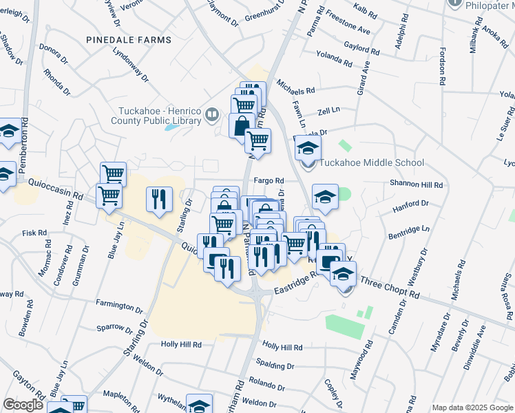 map of restaurants, bars, coffee shops, grocery stores, and more near 1602 Renmark Road in Henrico