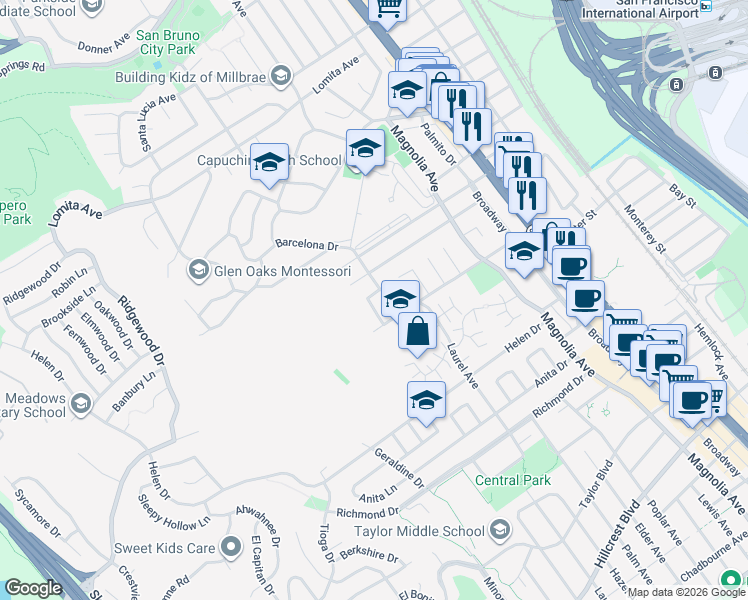 map of restaurants, bars, coffee shops, grocery stores, and more near 330 Barcelona Drive in Millbrae