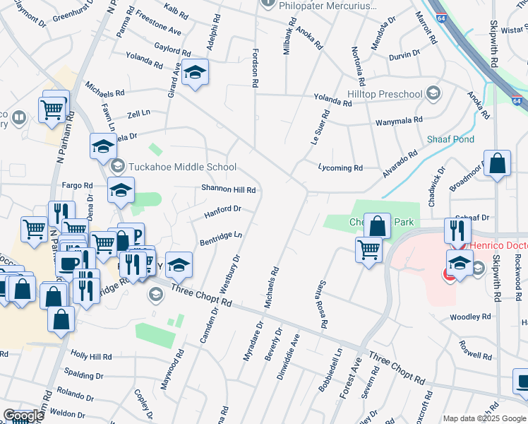 map of restaurants, bars, coffee shops, grocery stores, and more near 1613 Westbury Drive in Henrico