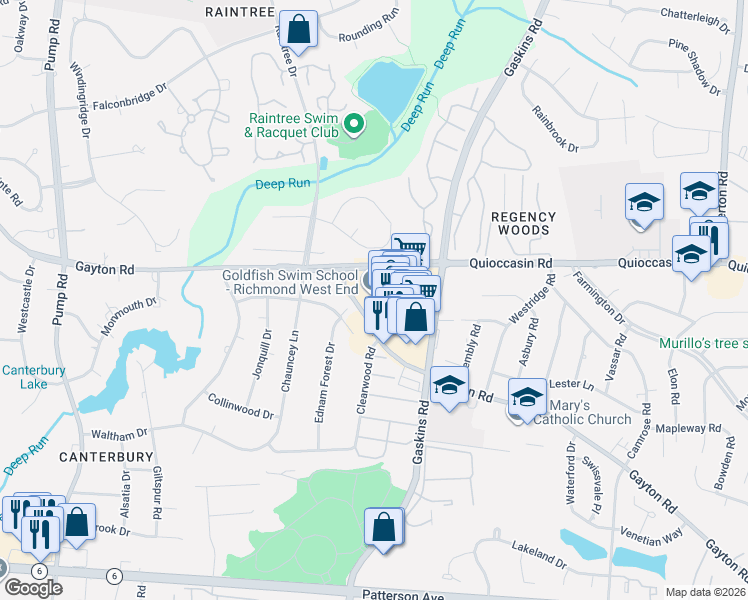 map of restaurants, bars, coffee shops, grocery stores, and more near 9780 Gayton Road in Henrico