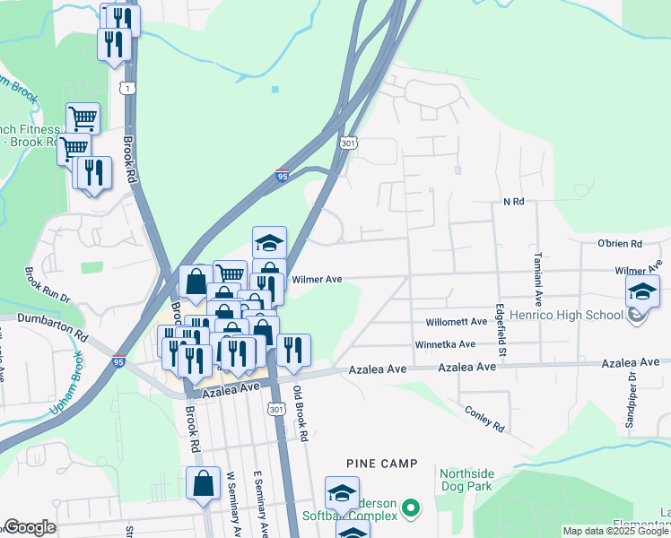 map of restaurants, bars, coffee shops, grocery stores, and more near 802 Wilmer Avenue in Richmond