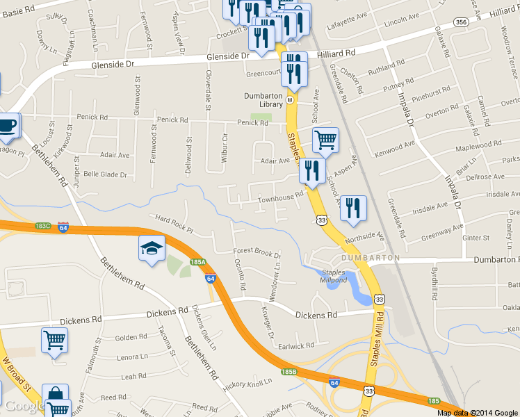 map of restaurants, bars, coffee shops, grocery stores, and more near 4100 Townhouse Road in Richmond