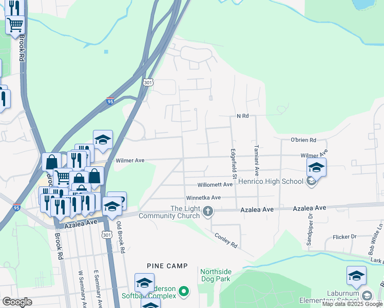 map of restaurants, bars, coffee shops, grocery stores, and more near 5327 Crenshaw Road in Richmond