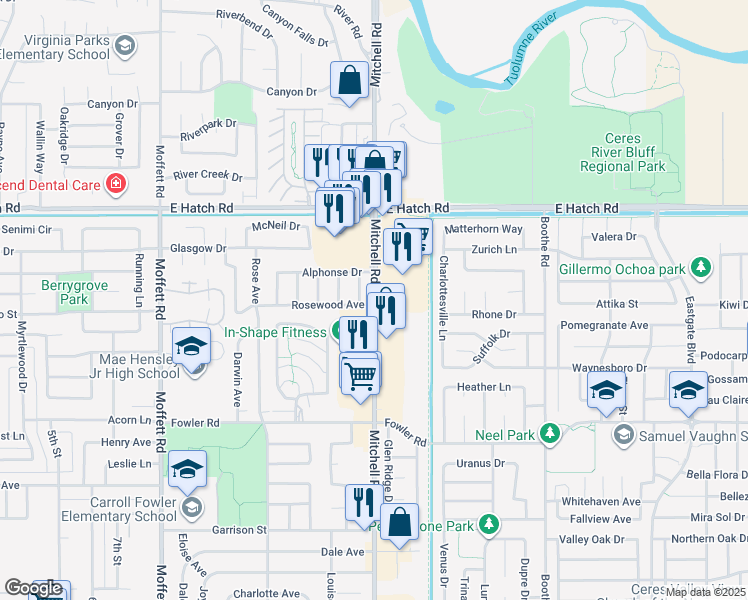 map of restaurants, bars, coffee shops, grocery stores, and more near 1650 Vineland Lane in Ceres
