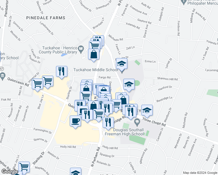 map of restaurants, bars, coffee shops, grocery stores, and more near 1604 Dena Drive in Richmond