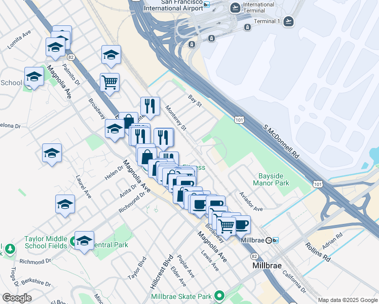 map of restaurants, bars, coffee shops, grocery stores, and more near 1009 Hemlock Avenue in Millbrae