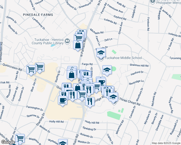 map of restaurants, bars, coffee shops, grocery stores, and more near 1604 Dena Drive in Richmond
