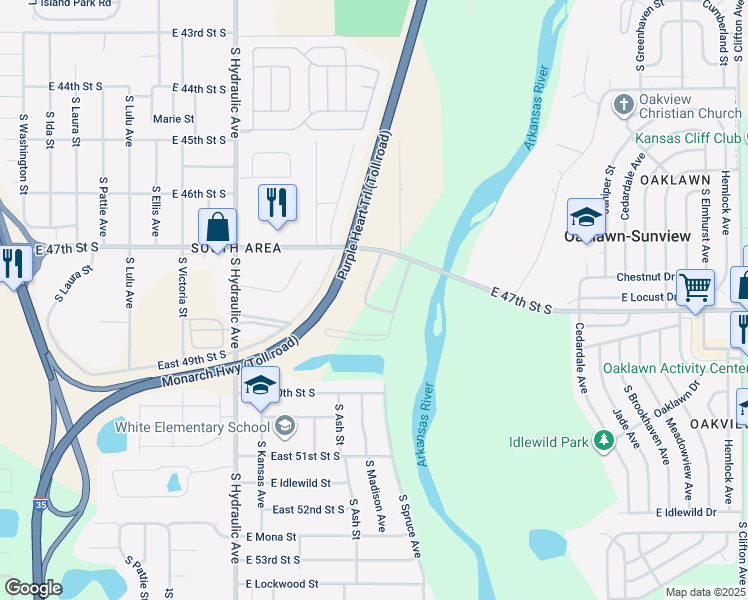 map of restaurants, bars, coffee shops, grocery stores, and more near 4843 South Madison Avenue in Wichita