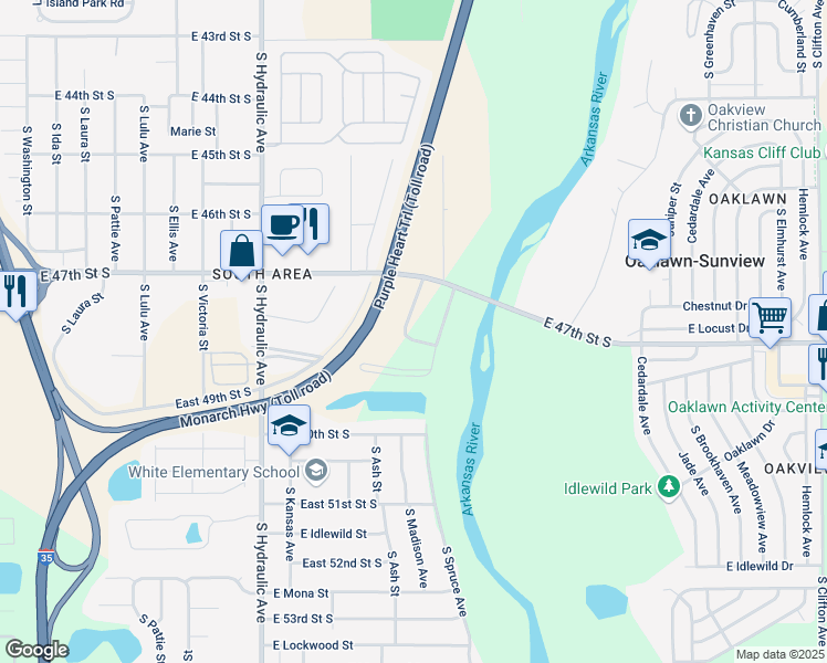 map of restaurants, bars, coffee shops, grocery stores, and more near 4843 South Madison Avenue in Wichita