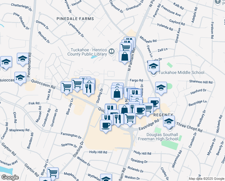 map of restaurants, bars, coffee shops, grocery stores, and more near 221 Gateway East in Henrico