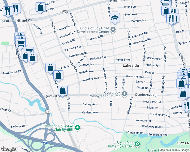 map of restaurants, bars, coffee shops, grocery stores, and more near 2816 Greenway Avenue in Richmond