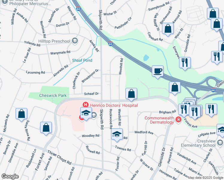 map of restaurants, bars, coffee shops, grocery stores, and more near 1713 Rockwood Road in Richmond